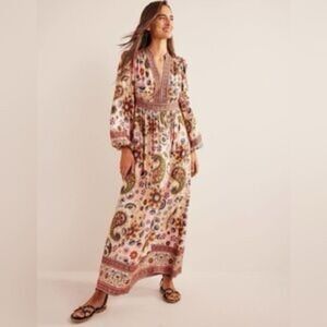Boden Tamara Dress Boho Paisley Notch Neck Maxi Dress Sz 6 Beige